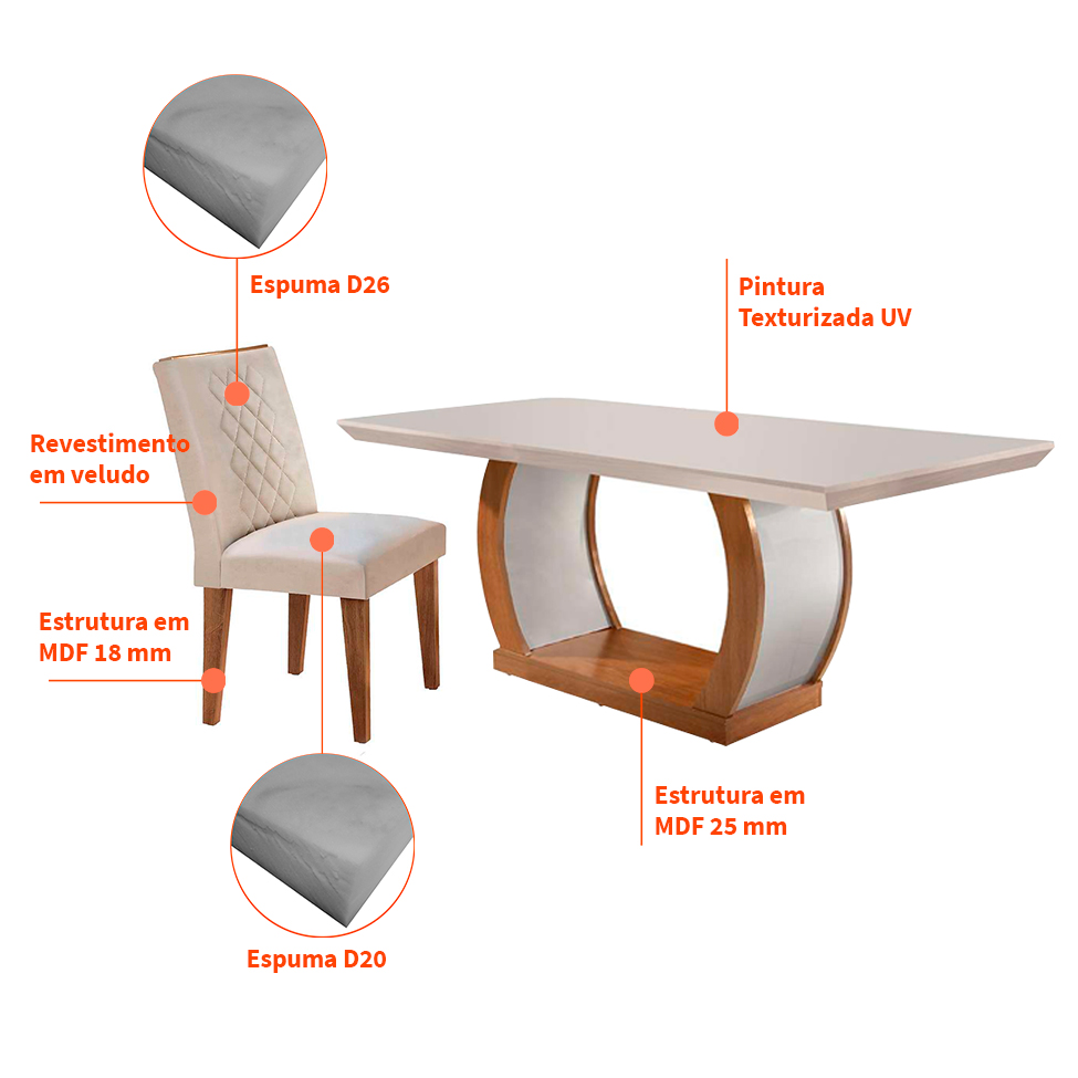 Conjunto de Mesa de Jantar com 6 Cadeiras Estofadas Maia I Veludo Off White e Creme
