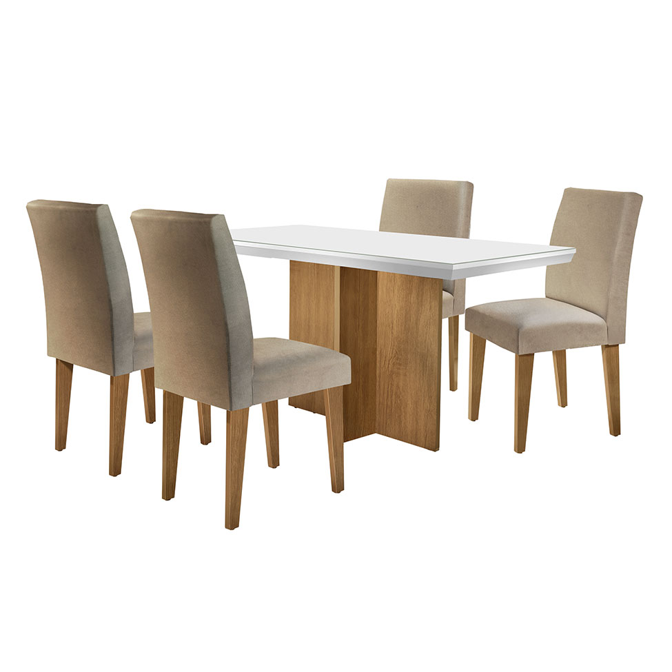 Conjunto de Mesa de Jantar com Tampo Off White Ane e 4 Cadeiras Grécia Linho Bege e Imbuia