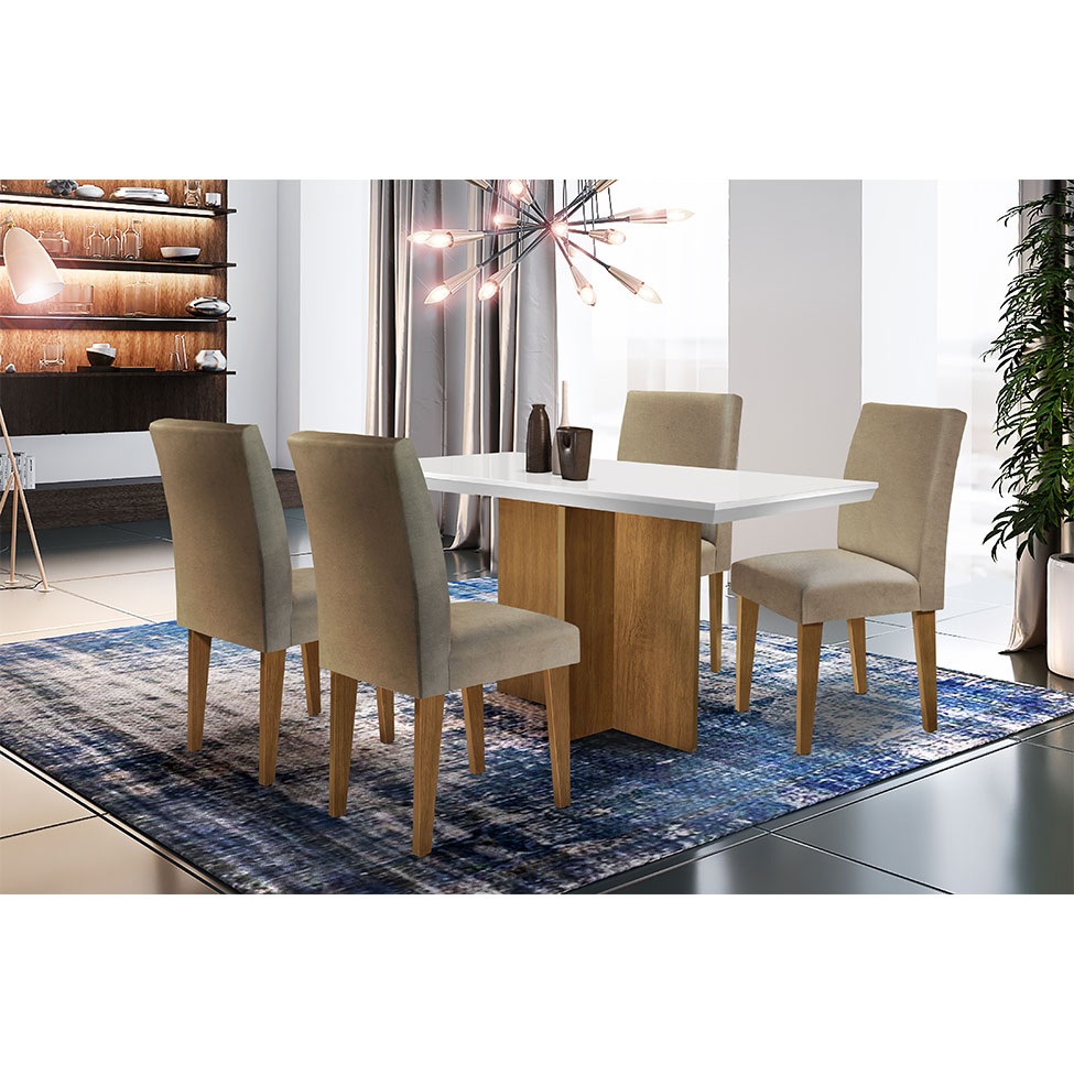 Conjunto de Mesa de Jantar com Tampo Off White Ane e 4 Cadeiras Grécia Linho Bege e Imbuia