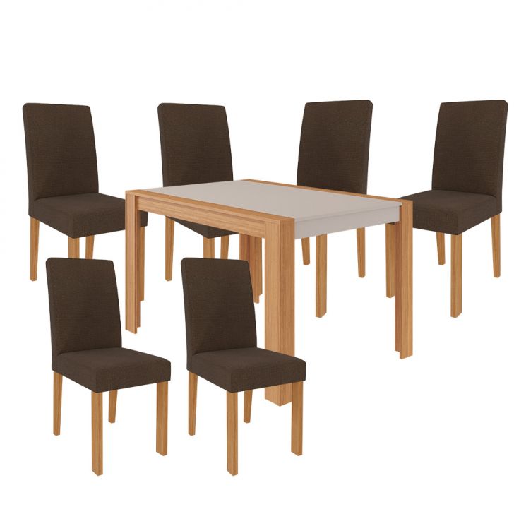 Conjunto de Mesa de Jantar com 6 Cadeiras Estofadas Maia I Veludo Off White  e Creme