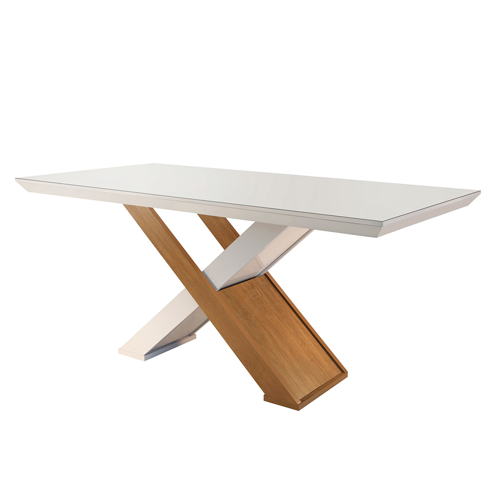 Conjunto de Mesa de Jantar com Tampo Off White Imperatriz e 6 Cadeiras Grécia Linho Bege e Imbuia