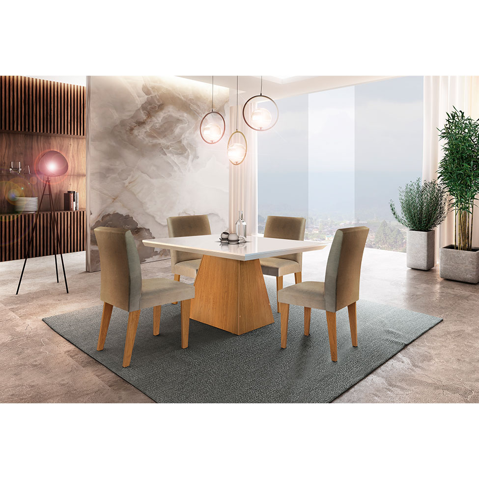 Conjunto de Mesa de Jantar com Tampo Off White Luna e 4 Cadeiras Grécia Linho Bege e Imbuia