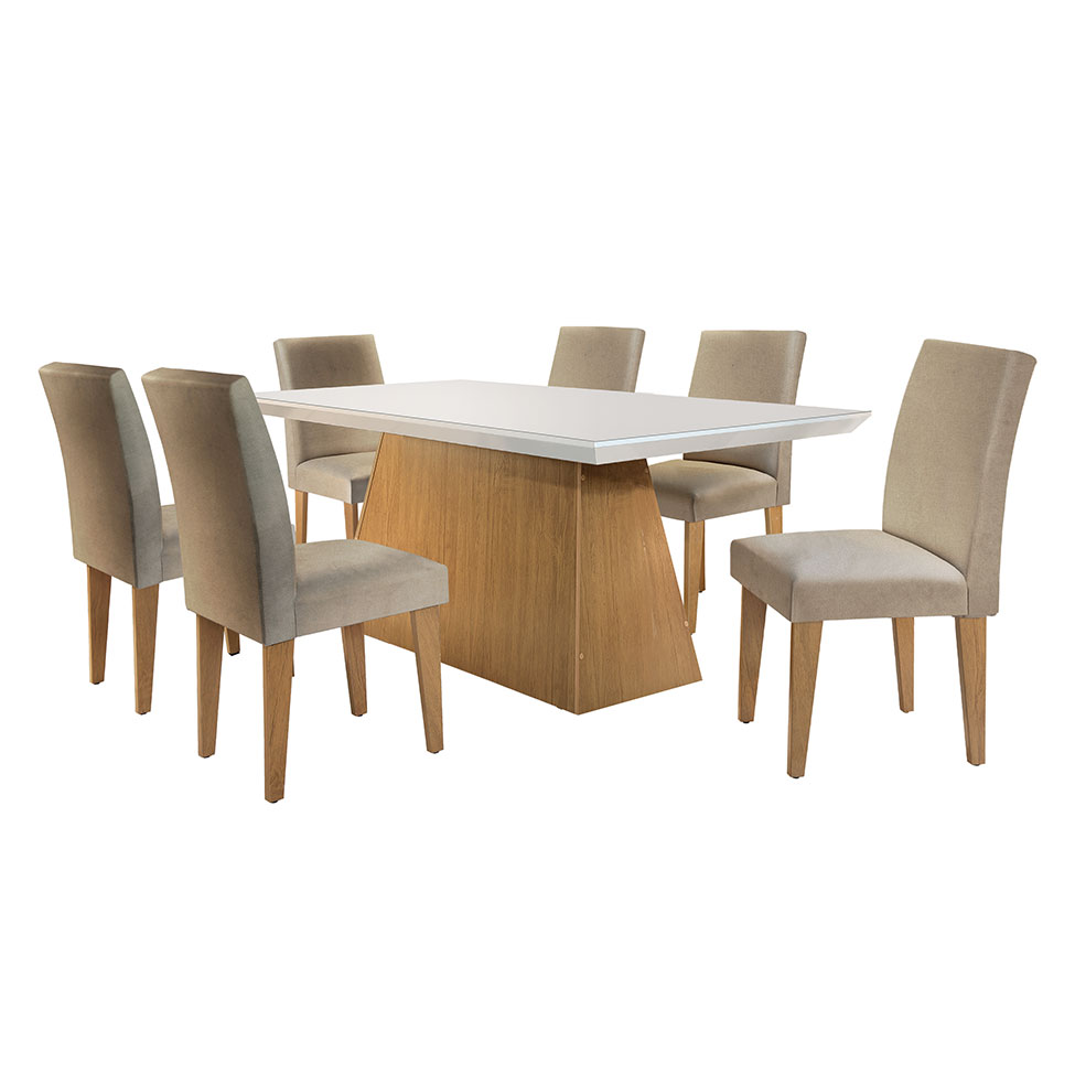 Conjunto de Mesa de Jantar com Tampo Off White Luna e 6 Cadeiras Grécia Linho Bege e Imbuia