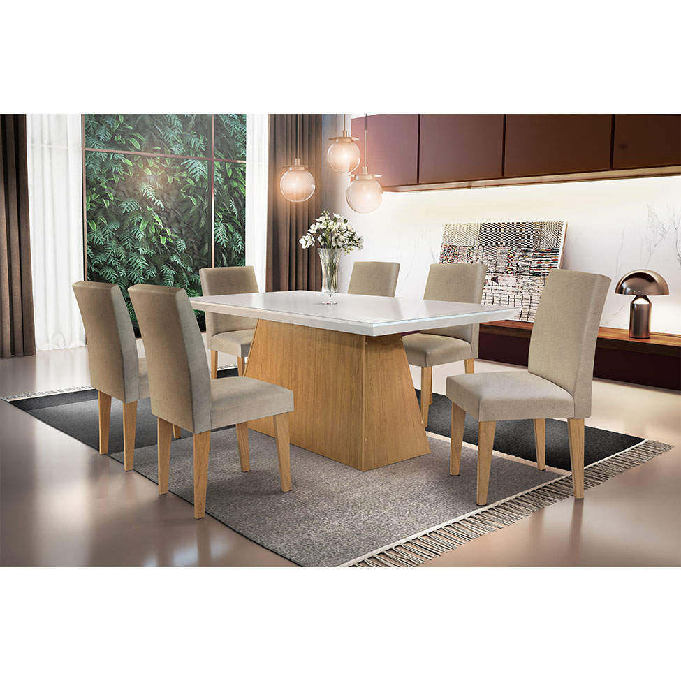 Conjunto de Mesa de Jantar com Tampo Off White Luna e 6 Cadeiras Grécia Linho Bege e Imbuia