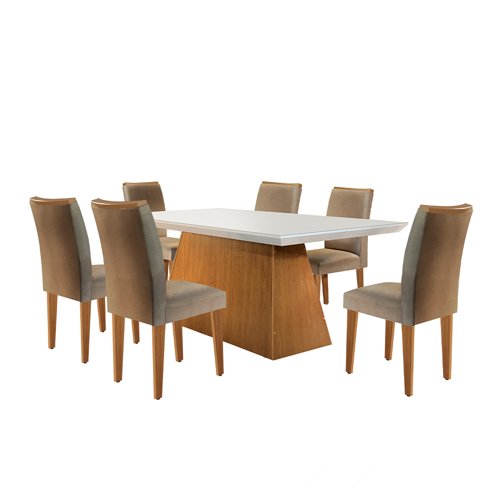 Conjunto de Mesa de Jantar com Tampo Off White Luna e 6 Cadeiras Lunara Linho Bege e Imbuia