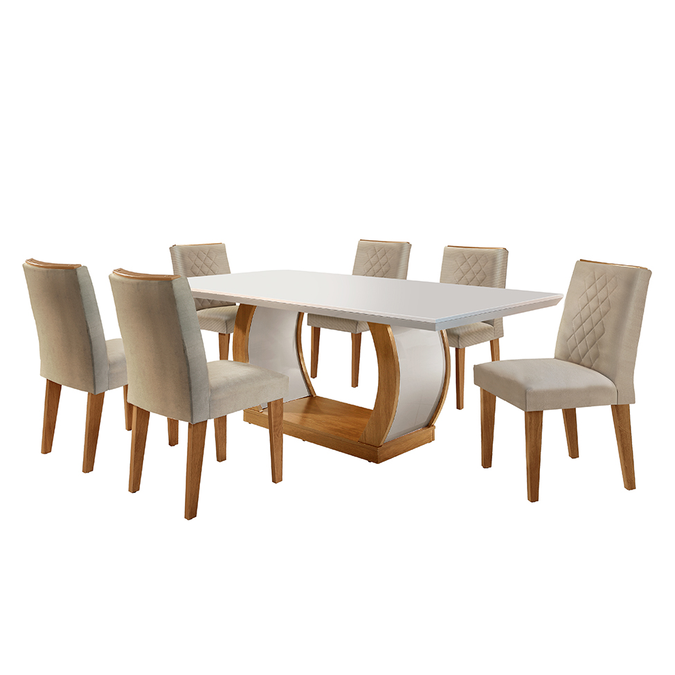 Conjunto de Mesa de Jantar com Tampo Off White e 6 Cadeiras Maia Linho Bege e Imbuia