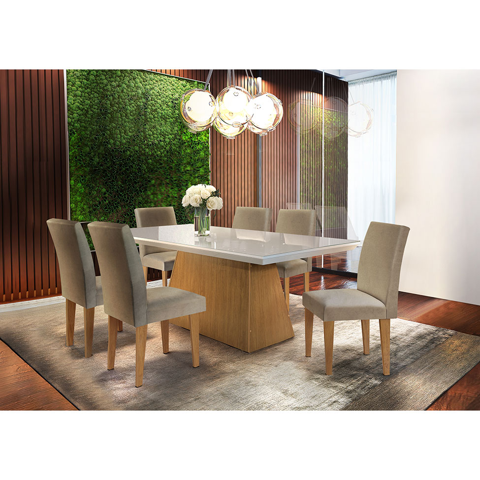 Conjunto de Mesa de Jantar com Tampo de Vidro Luna e 6 Cadeiras Grécia Linho Bege e Imbuia