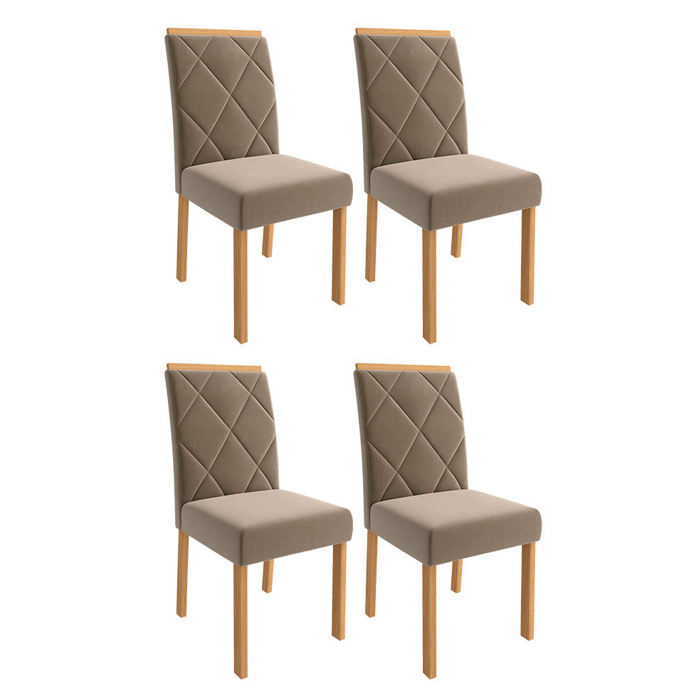 Conjunto de Mesa de Jantar com Tampo de Vidro Off White Adele e 4 Cadeiras Fernanda Suede Joli e Madeira