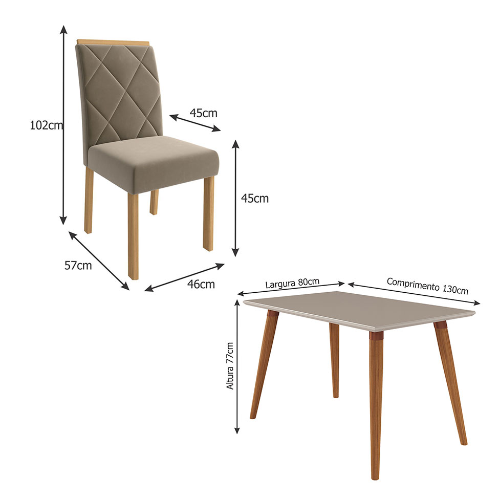 Conjunto de Mesa de Jantar com Tampo de Vidro Off White Adele e 4 Cadeiras Fernanda Suede Joli e Madeira