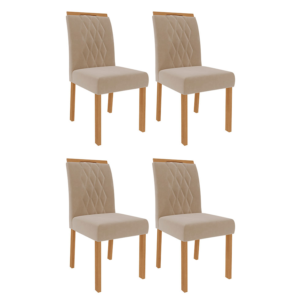 Conjunto de Mesa de Jantar com Tampo de Vidro Off White Adele e 4 Cadeiras Juliana Suede Nude Madeira