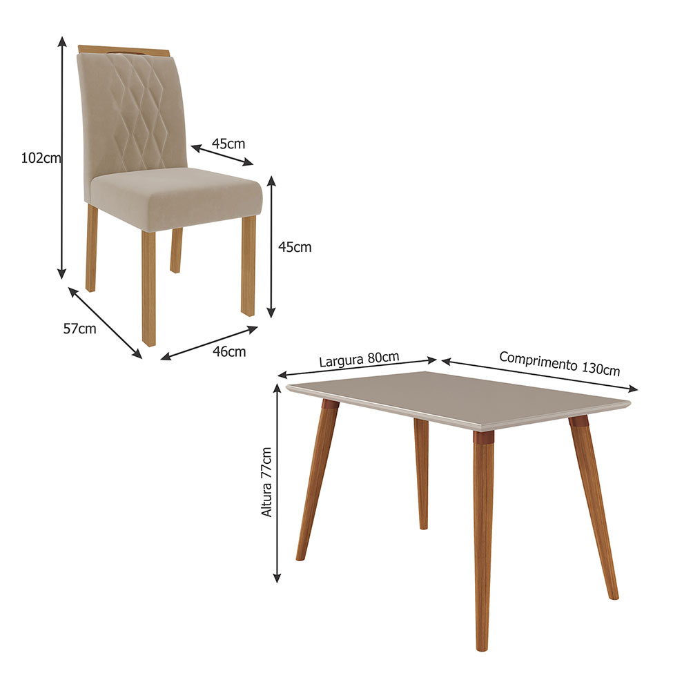 Conjunto de Mesa de Jantar com Tampo de Vidro Off White Adele e 4 Cadeiras Juliana Suede Nude Madeira