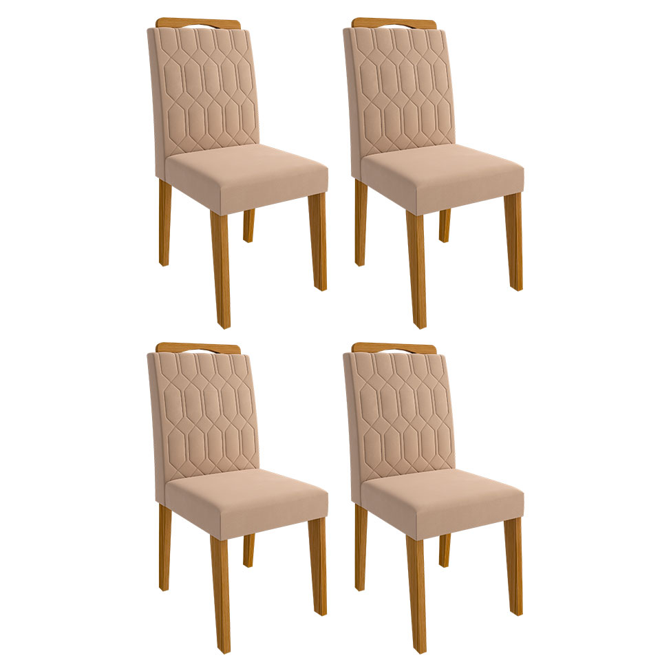Conjunto de Mesa de Jantar com Tampo de Vidro Off White Adele e 4 Cadeiras Paola Suede Nude e Madeira