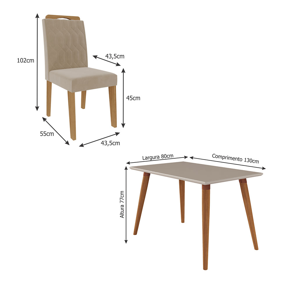 Conjunto de Mesa de Jantar com Tampo de Vidro Off White Adele e 4 Cadeiras Paola Suede Nude e Madeira
