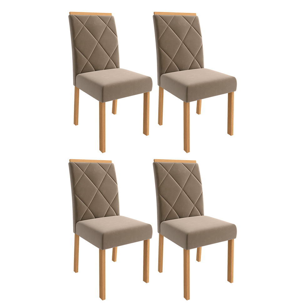 Conjunto de Mesa de Jantar com Tampo de Vidro Off White Agata e 4 Cadeiras Fernanda Suede Joli e Nature