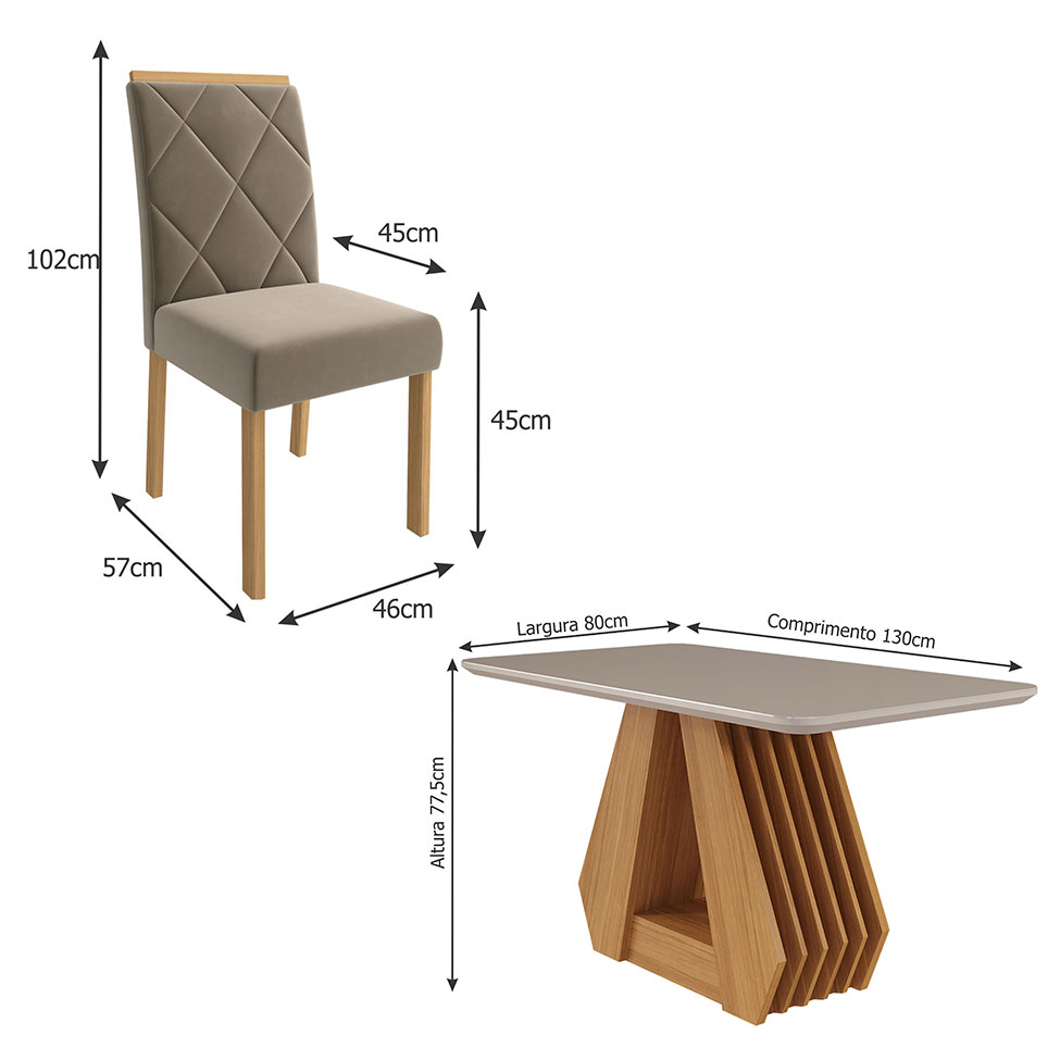 Conjunto de Mesa de Jantar com Tampo de Vidro Off White Agata e 4 Cadeiras Fernanda Suede Joli e Nature