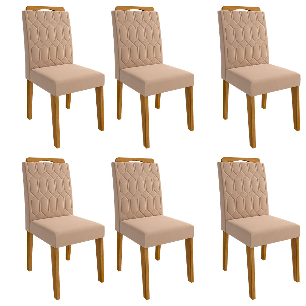 Conjunto de Mesa de Jantar com Tampo de Vidro Off White Agata e 6 Cadeiras Paola Suede Nude e Madeira
