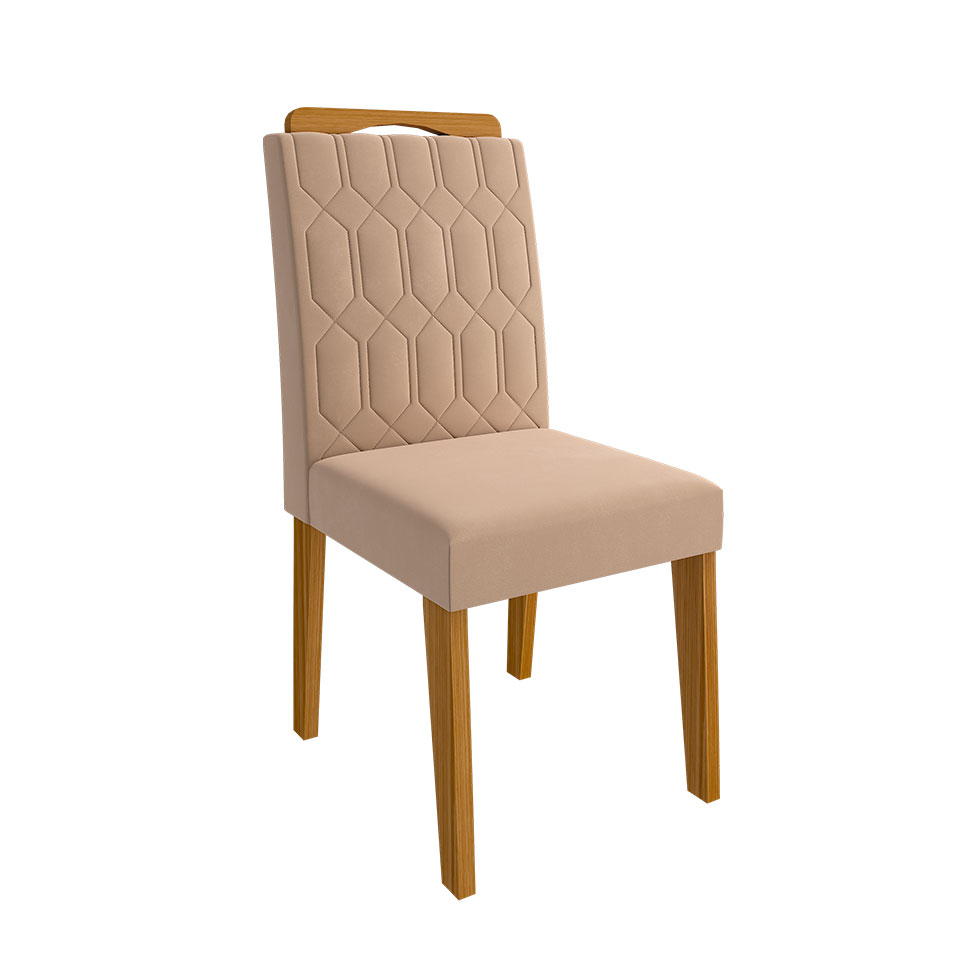 Conjunto de Mesa de Jantar com Tampo de Vidro Off White Agata e 6 Cadeiras Paola Suede Nude e Madeira