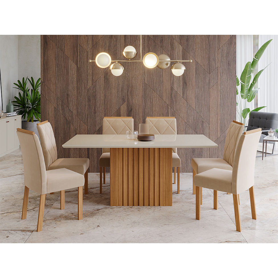 Conjunto de Mesa de Jantar com Tampo de Vidro Off White Ana e 6 Cadeiras Fernanda Suede Nude e Nature