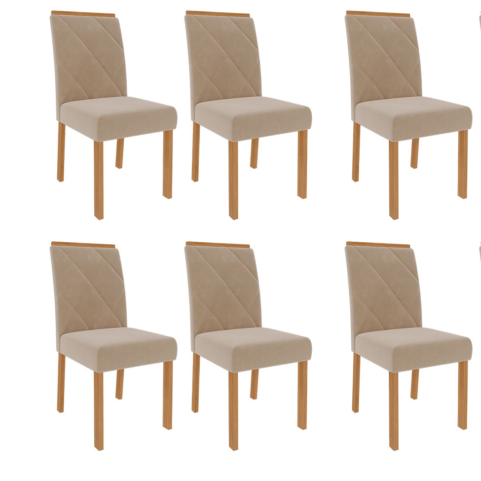Conjunto de Mesa de Jantar com Tampo de Vidro Off White Ana e 6 Cadeiras Fernanda Suede Nude e Nature