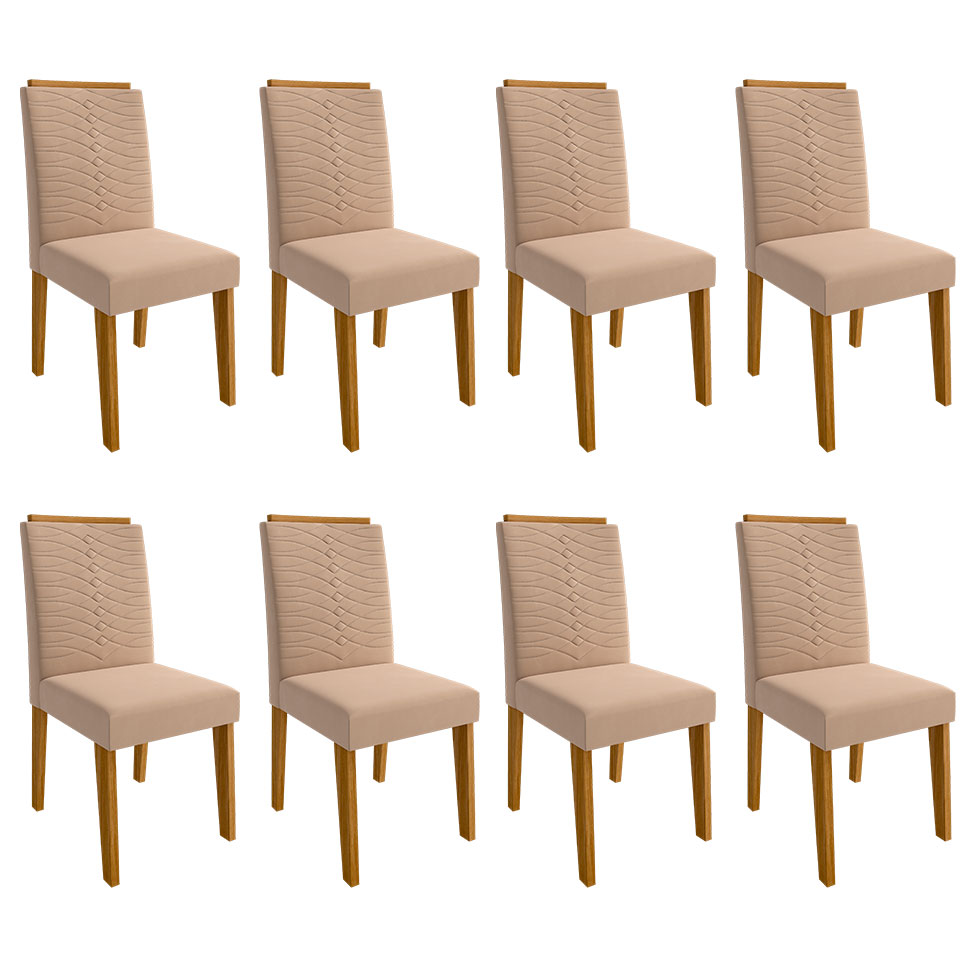 Conjunto de Mesa de Jantar com Tampo de Vidro Off White Ana e 8 Cadeiras Clarice Suede Nude e Nature