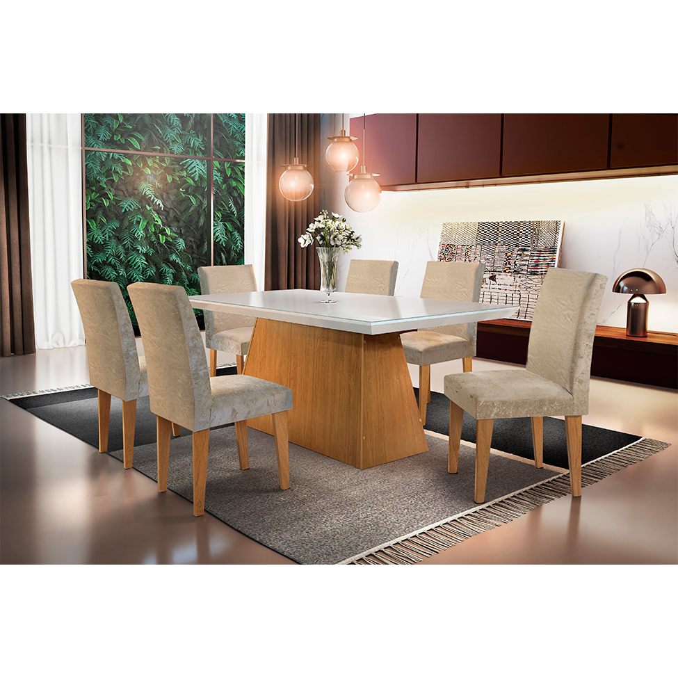 Conjunto de Mesa de Jantar com Tampo de Vidro Off White Luna e 6 Cadeiras Grécia Suede Amassado Chocolate e Imbuia