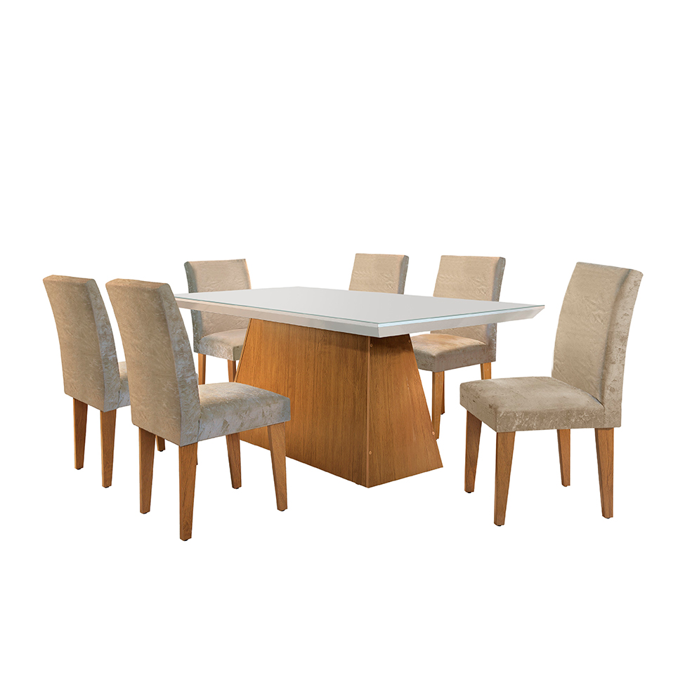 Conjunto de Mesa de Jantar com Tampo de Vidro Off White Luna e 6 Cadeiras Grécia Suede Amassado Chocolate e Imbuia