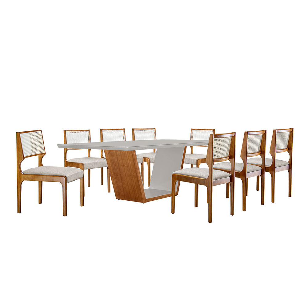 Conjunto de Mesa de Jantar com Tampo de Vidro Off White Luna e 8 Cadeiras Palazzo Linho Bege e Imbuia