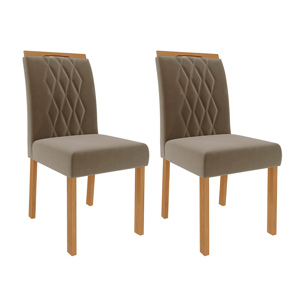 Conjunto de Mesa de Jantar com Tampo de Vidro Off White Patrícia e 6 Cadeiras Juliana Suede Joli e Nature