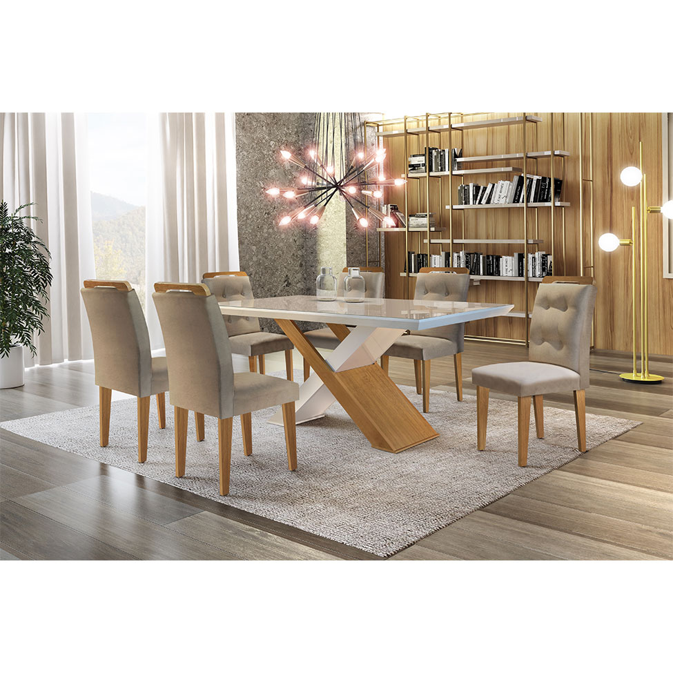 Conjunto de Mesa de Jantar com Tampo de Vidro e 6 Cadeiras Alvorada Linho Bege e Imbuia