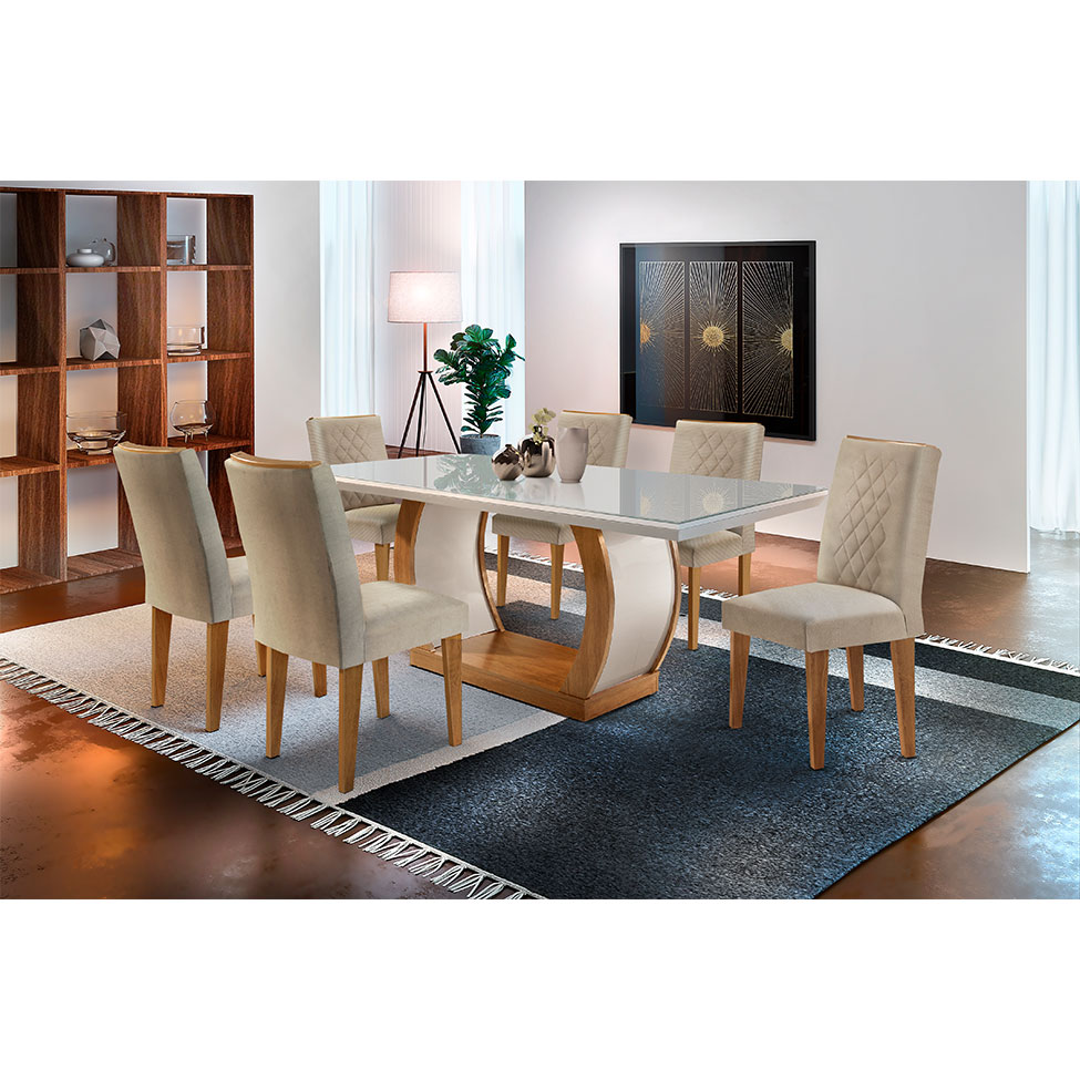Conjunto de Mesa de Jantar com Tampo de Vidro e 6 Cadeiras Maia Linho Bege e Imbuia