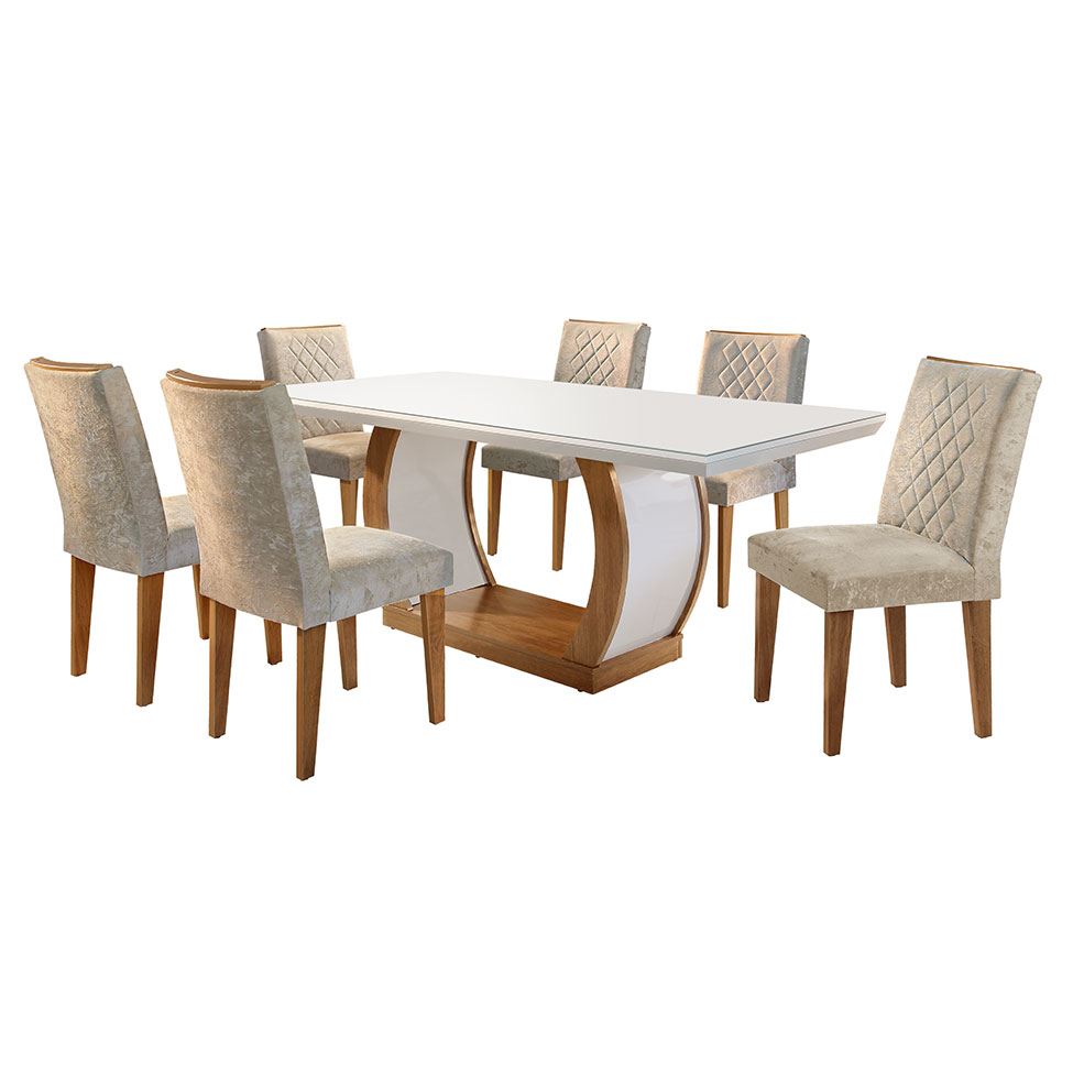 Conjunto de Mesa de Jantar com Tampo de Vidro e 6 Cadeiras Maia Suede Amassado Chocolate e Imbuia