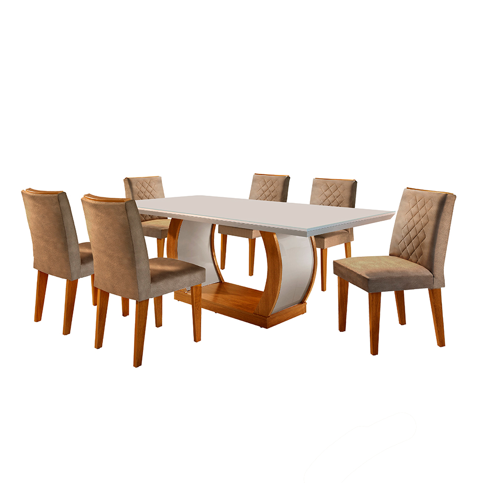 Conjunto de Mesa de Jantar com Tampo de Vidro e 6 Cadeiras Maia Suede Chocolate e Imbuia