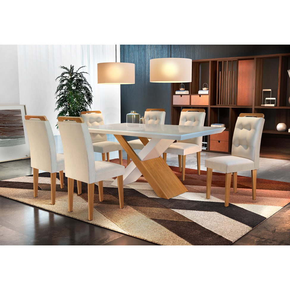 Conjunto de Mesa de Jantar com Vidro e  6 Cadeiras Imperatriz Veludo Creme e Off White