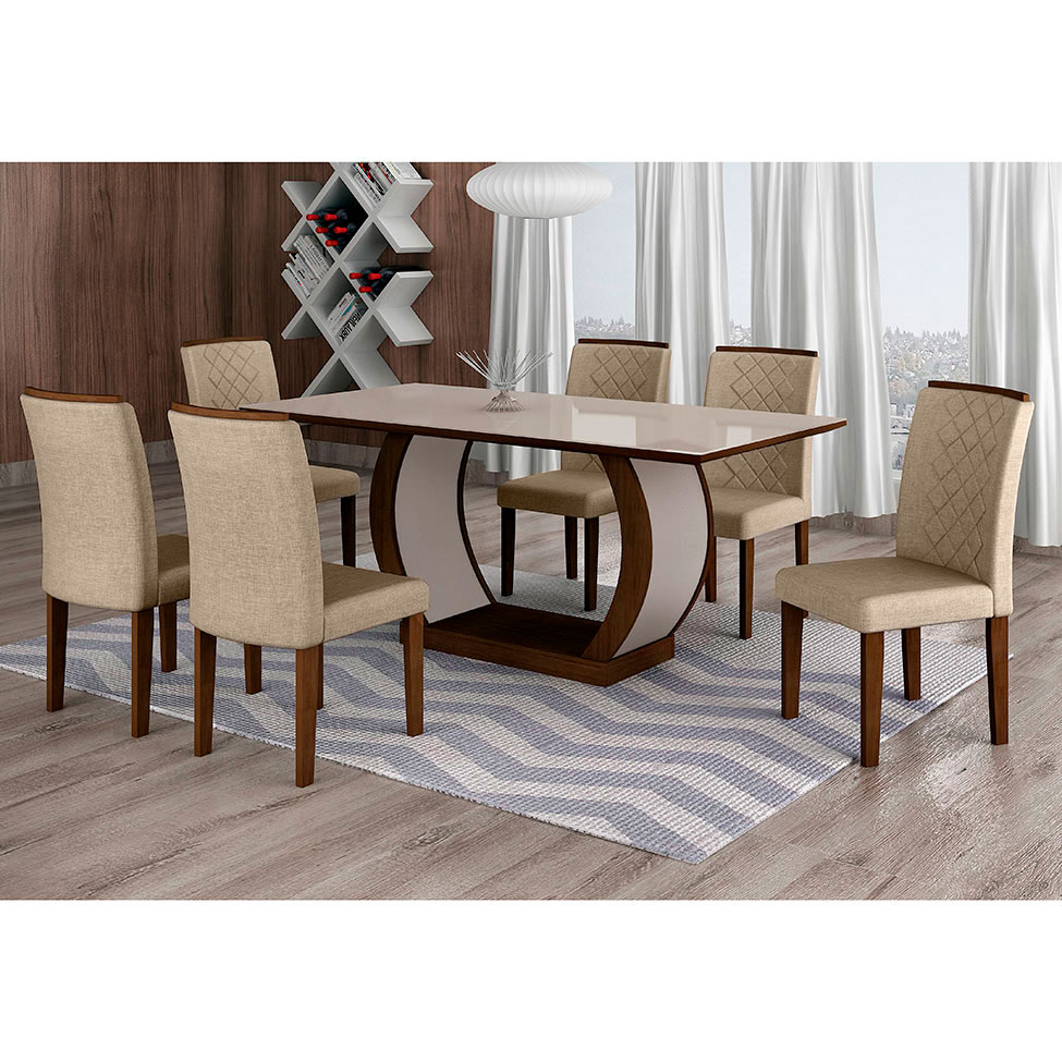 Conjunto de Mesa de Jantar com Vidro e 6 Cadeiras Maia I Linho Castor e Cinza