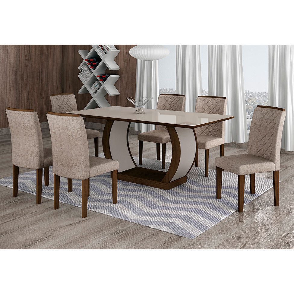 Conjunto de Mesa de Jantar com Vidro e 6 Cadeiras Maia I Suede Amassado Castor e Chocolate