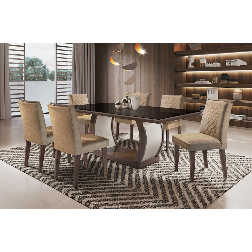 Conjunto de Mesa de Jantar com Vidro e 6 Cadeiras Maia II Suede Animalle Castor e Chocolate