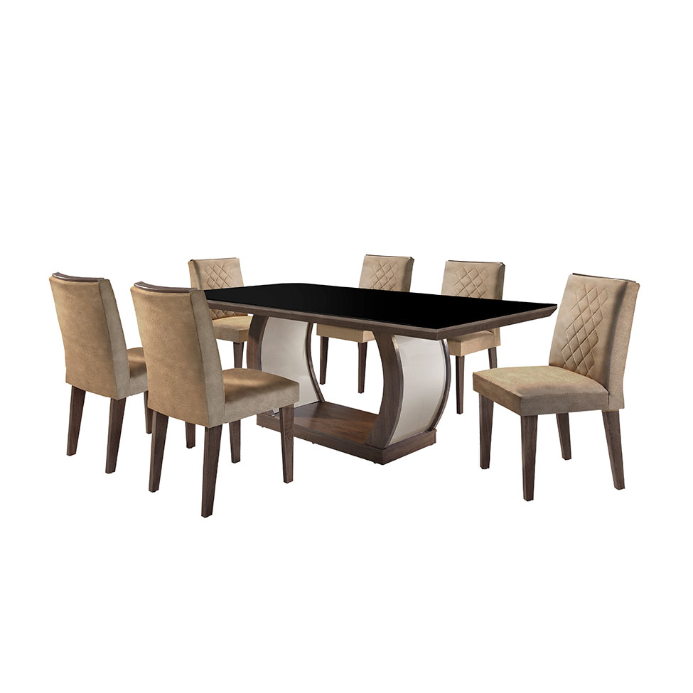 Conjunto de Mesa de Jantar com Vidro e 6 Cadeiras Maia II Suede Animalle Castor e Chocolate