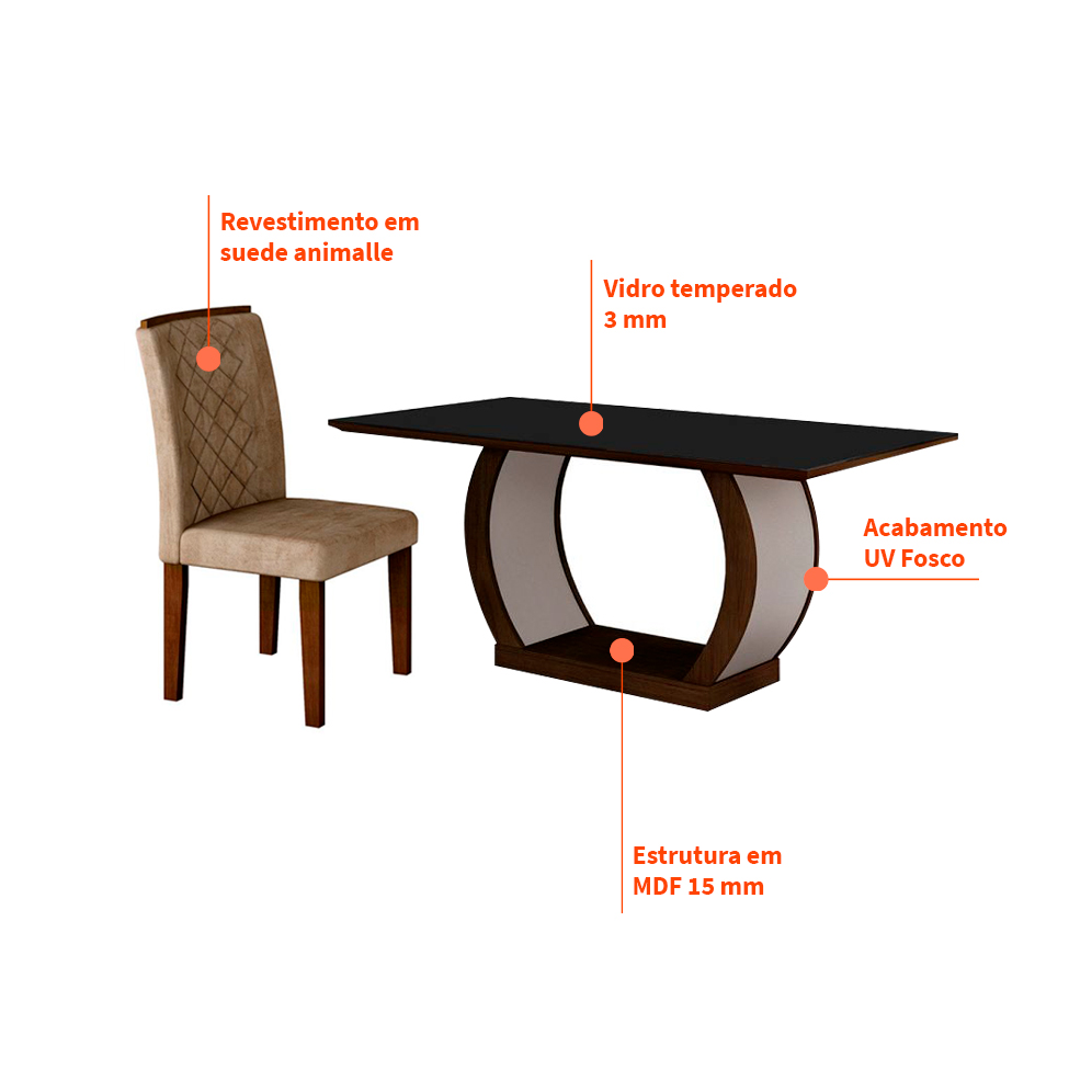 Conjunto de Mesa de Jantar com Vidro e 6 Cadeiras Maia II Suede Animalle Castor e Chocolate
