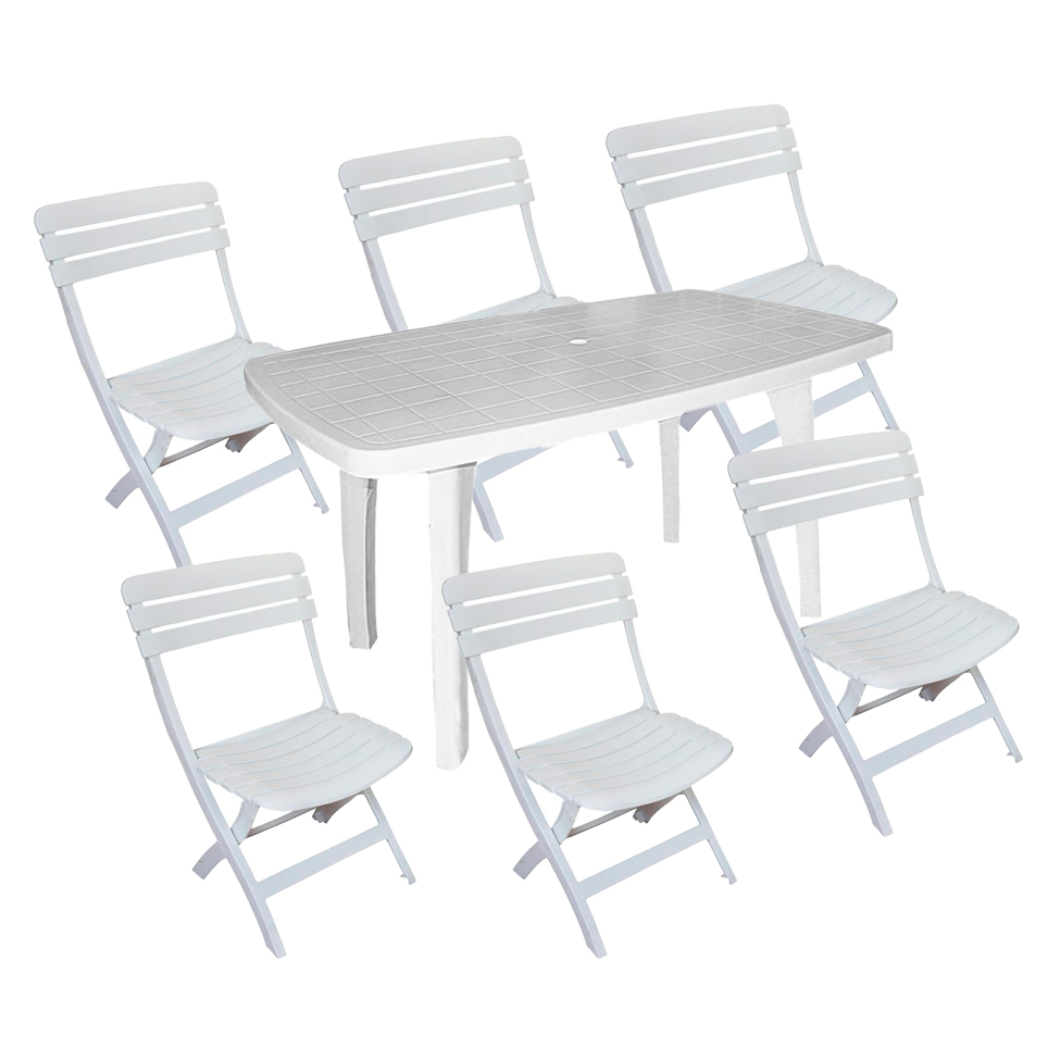 Conjunto de Mesa de Plástico Retangular Desmontável Tiradentes com 6 Cadeiras Dobrável Diamantina Branco