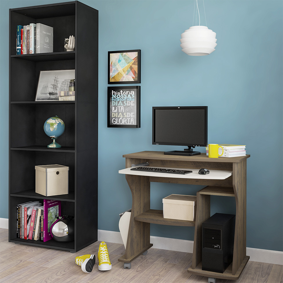 Conjunto de Mesa para Computador Cem com Estante Multy Pinho e Preto
