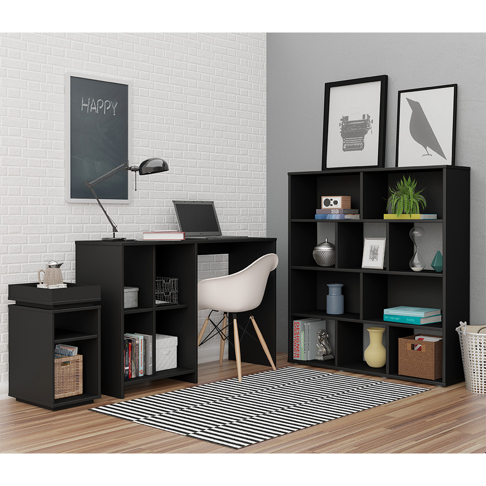 Conjunto de Mesa para Notebook Moon, Estante Grid e Mesa Lateral Olívia Preto