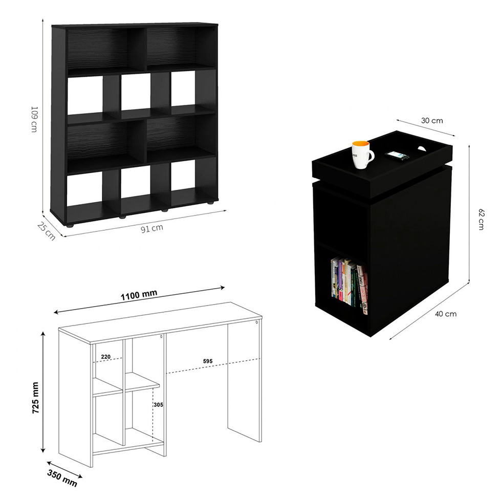 Conjunto de Mesa para Notebook Moon, Estante Grid e Mesa Lateral Olívia Preto