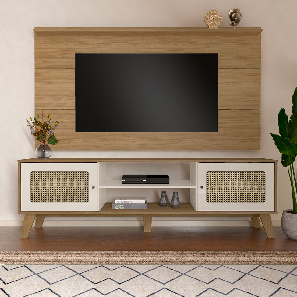 Conjunto de Painel para TV até 75 Polegadas Slim com Rack Charlotte 2 PT Carvalho e Off White