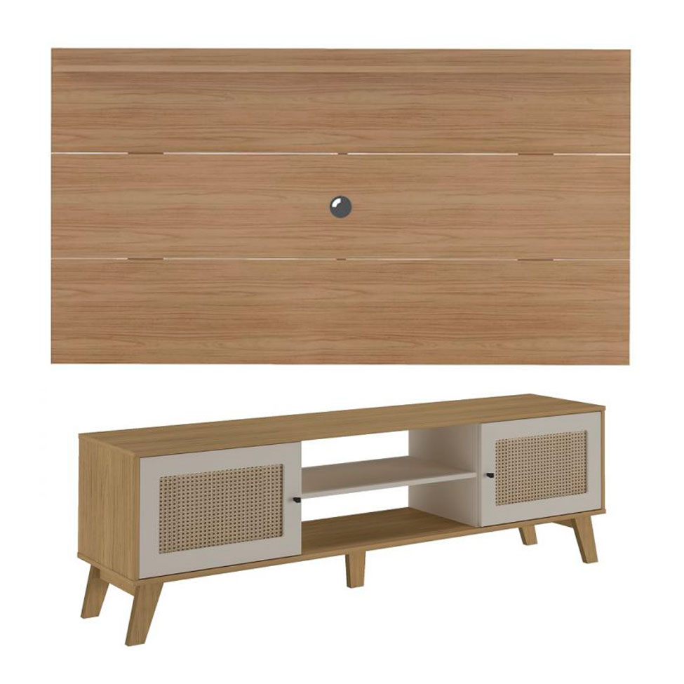 Conjunto de Painel para TV até 75 Polegadas Slim com Rack Charlotte 2 PT Carvalho e Off White