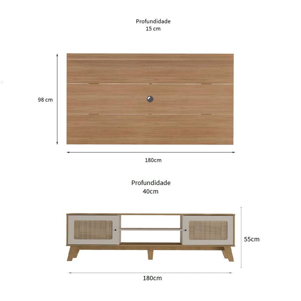 Conjunto de Painel para TV até 75 Polegadas Slim com Rack Charlotte 2 PT Carvalho e Off White