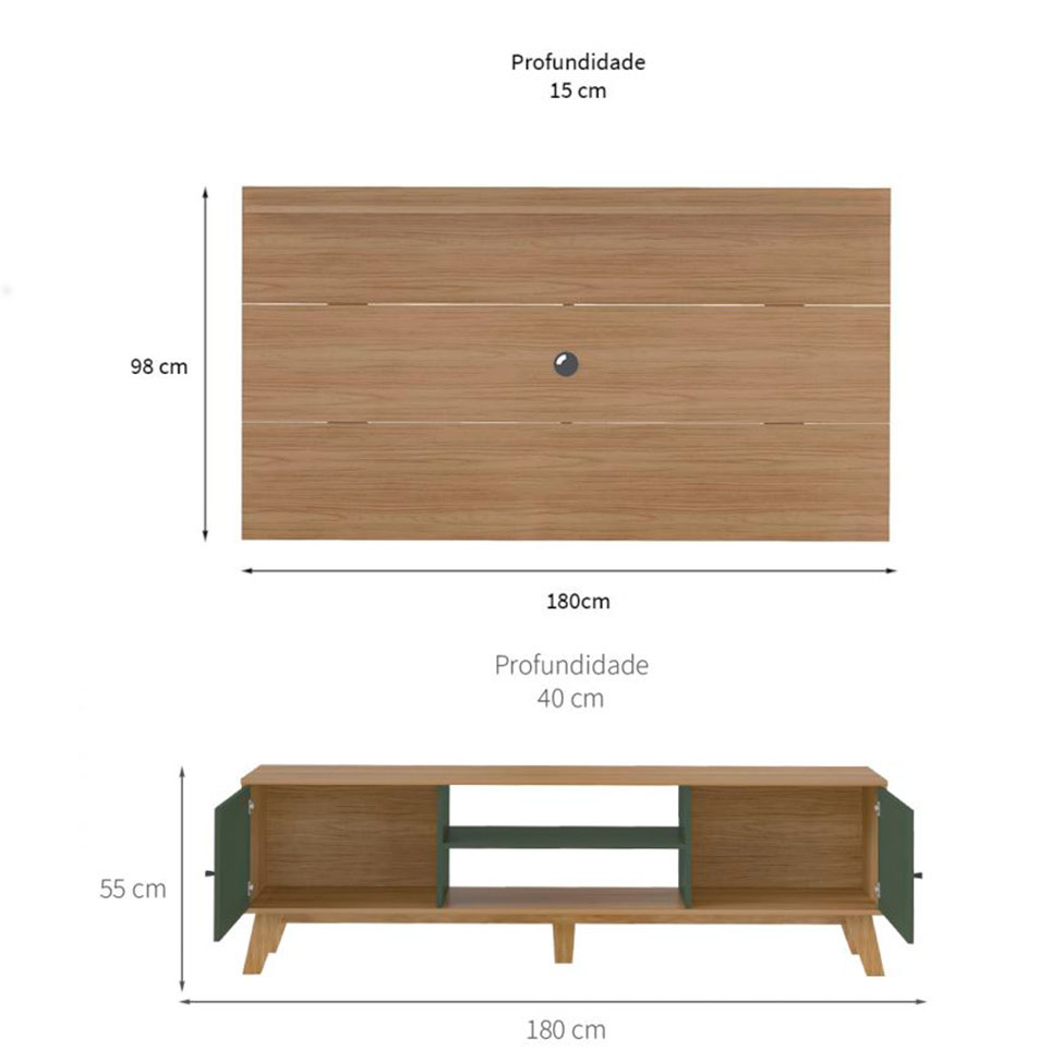 Conjunto de Painel para TV até 75 Polegadas Slim com Rack Charlotte 2 PT Carvalho e Verde Menta