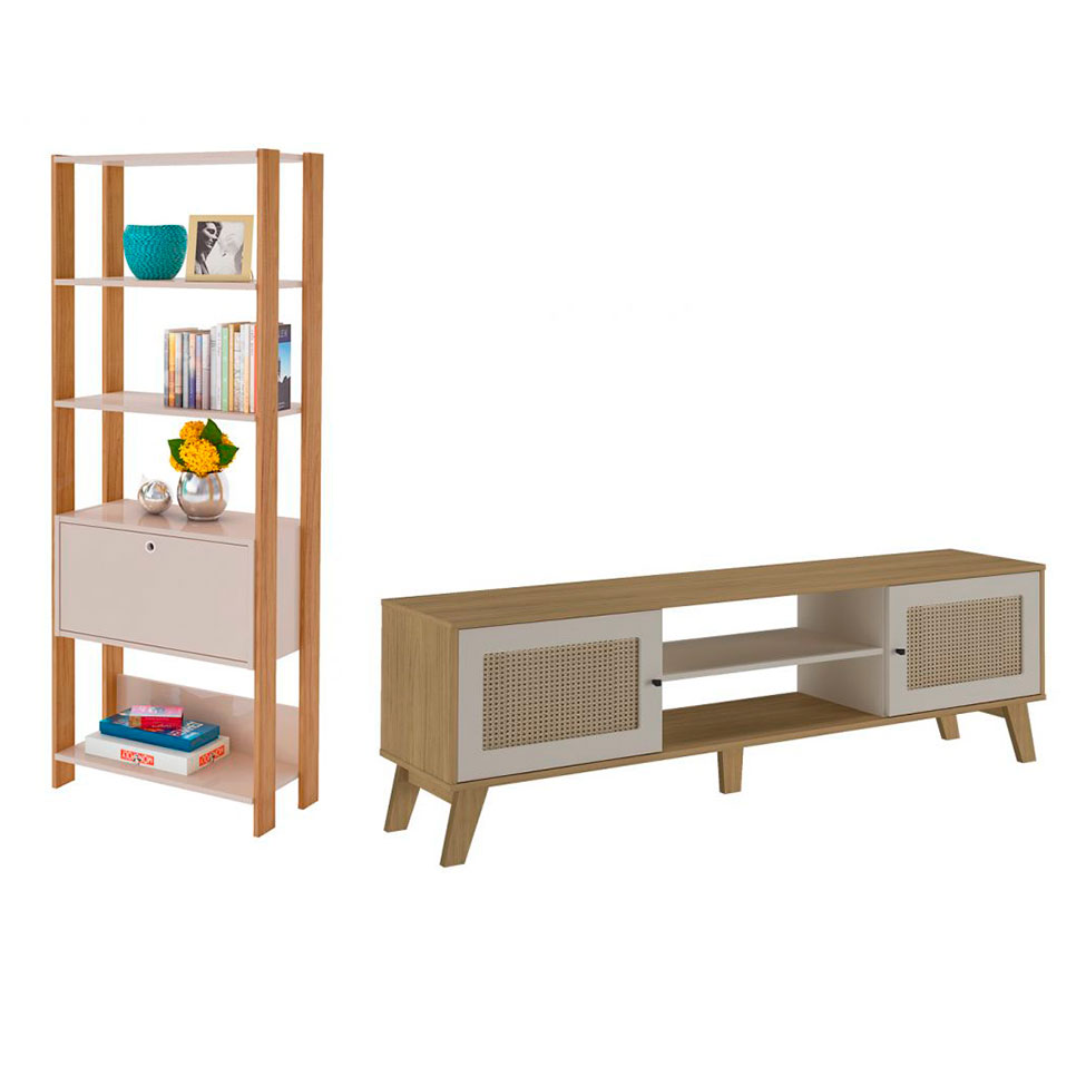 Conjunto de Rack Charlotte 2 PT com Estante Match 1 PT Carvalho e Off White