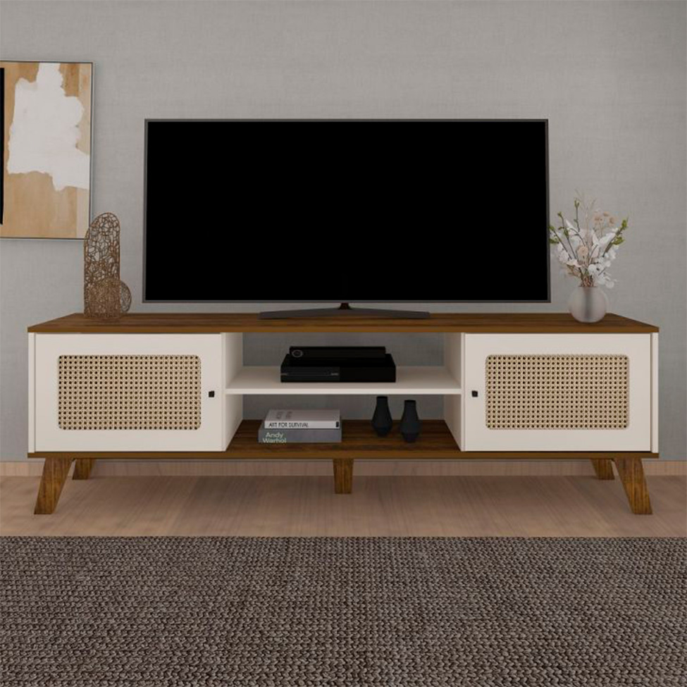 Conjunto de Rack Charlotte 2 PT com Mesa de Centro Quadrada Saara Pinho e Off White