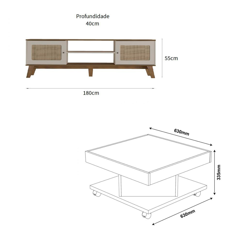 Conjunto de Rack Charlotte 2 PT com Mesa de Centro Quadrada Saara Pinho e Off White