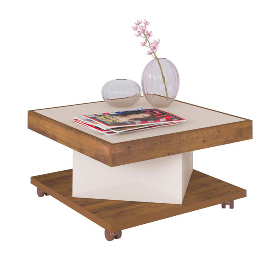 Conjunto de Rack Charlotte 2 PT com Mesa de Centro Quadrada Saara Pinho e Off White